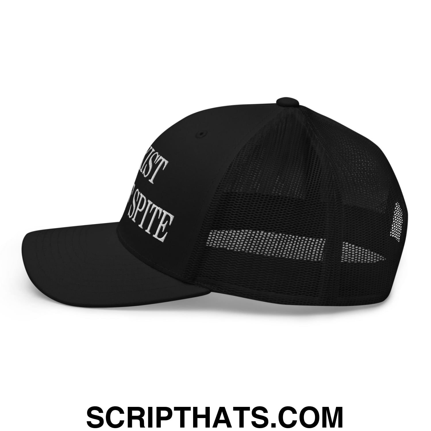I Exist Out of Spite Embroidered Mesh Trucker Hat Black