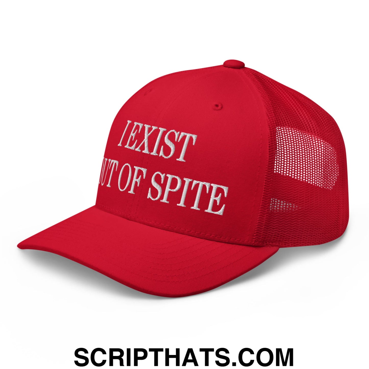 I Exist Out of Spite Embroidered Mesh Trucker Hat Red