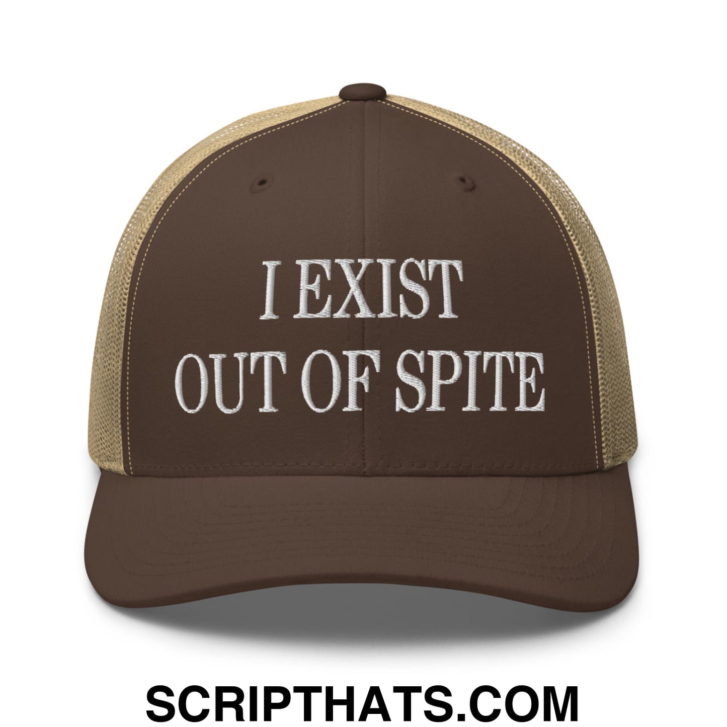 I Exist Out of Spite Embroidered Mesh Trucker Hat Brown Khaki