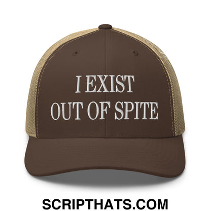 I Exist Out of Spite Embroidered Mesh Trucker Hat Brown Khaki