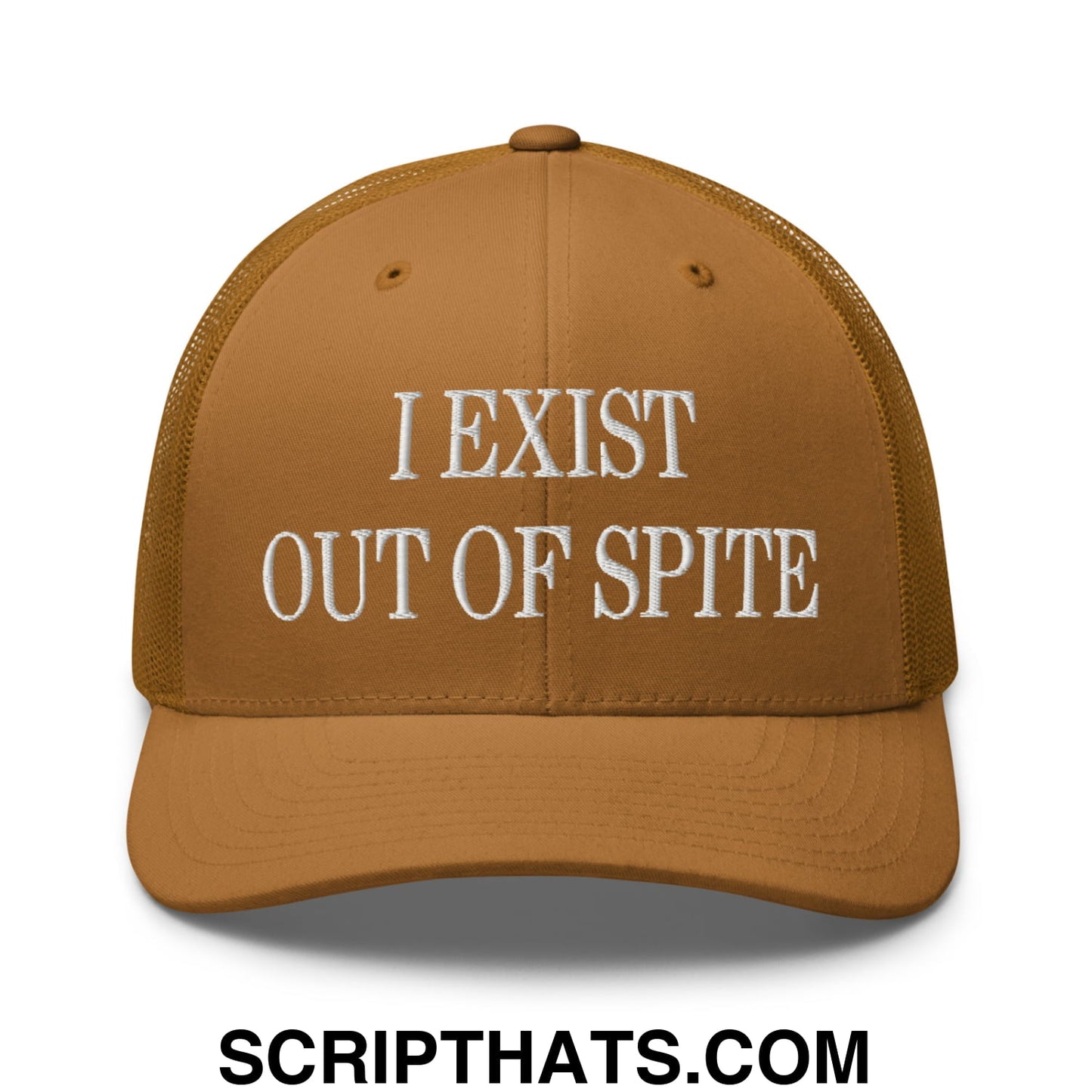 I Exist Out of Spite Embroidered Mesh Trucker Hat Caramel