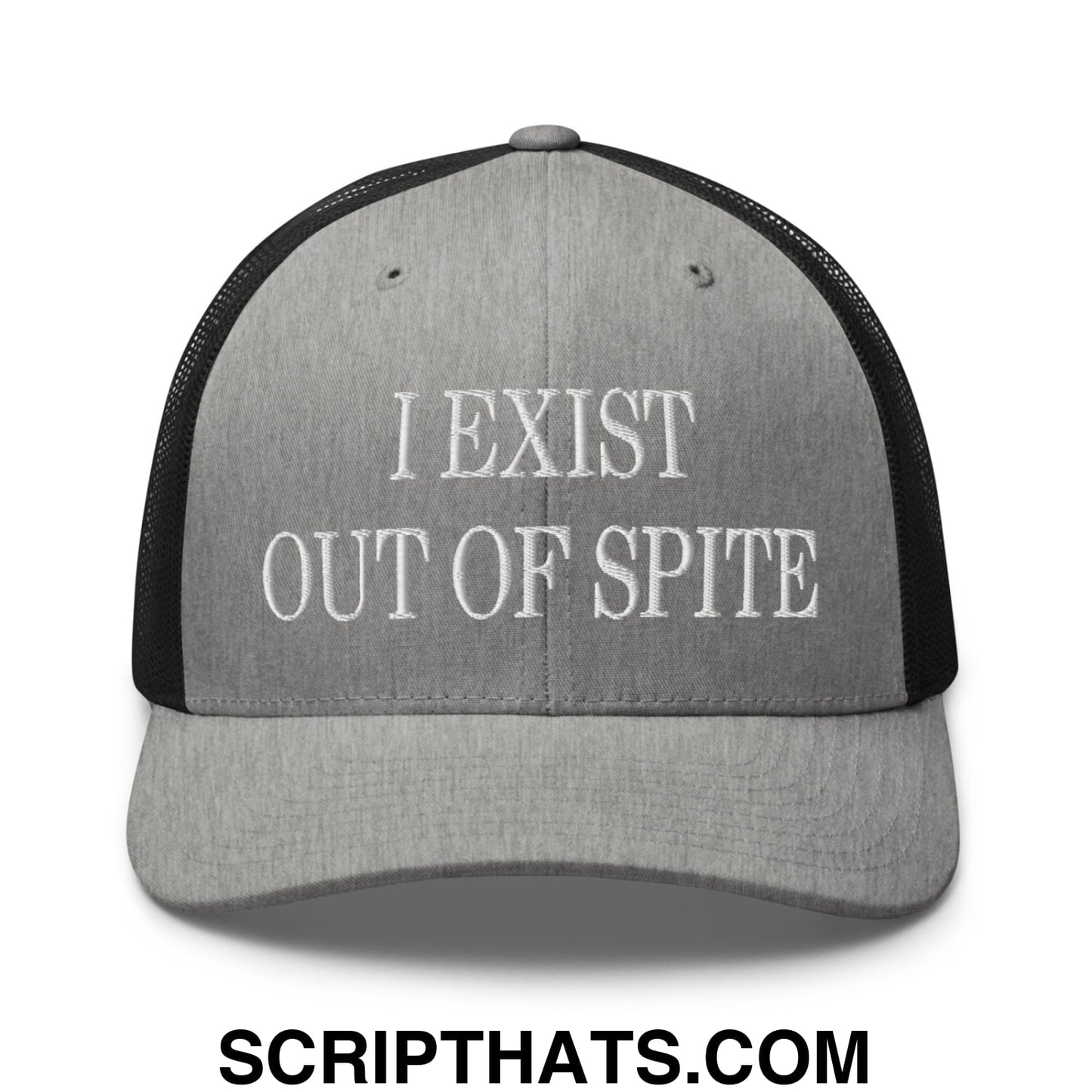 I Exist Out of Spite Embroidered Mesh Trucker Hat Heather Black