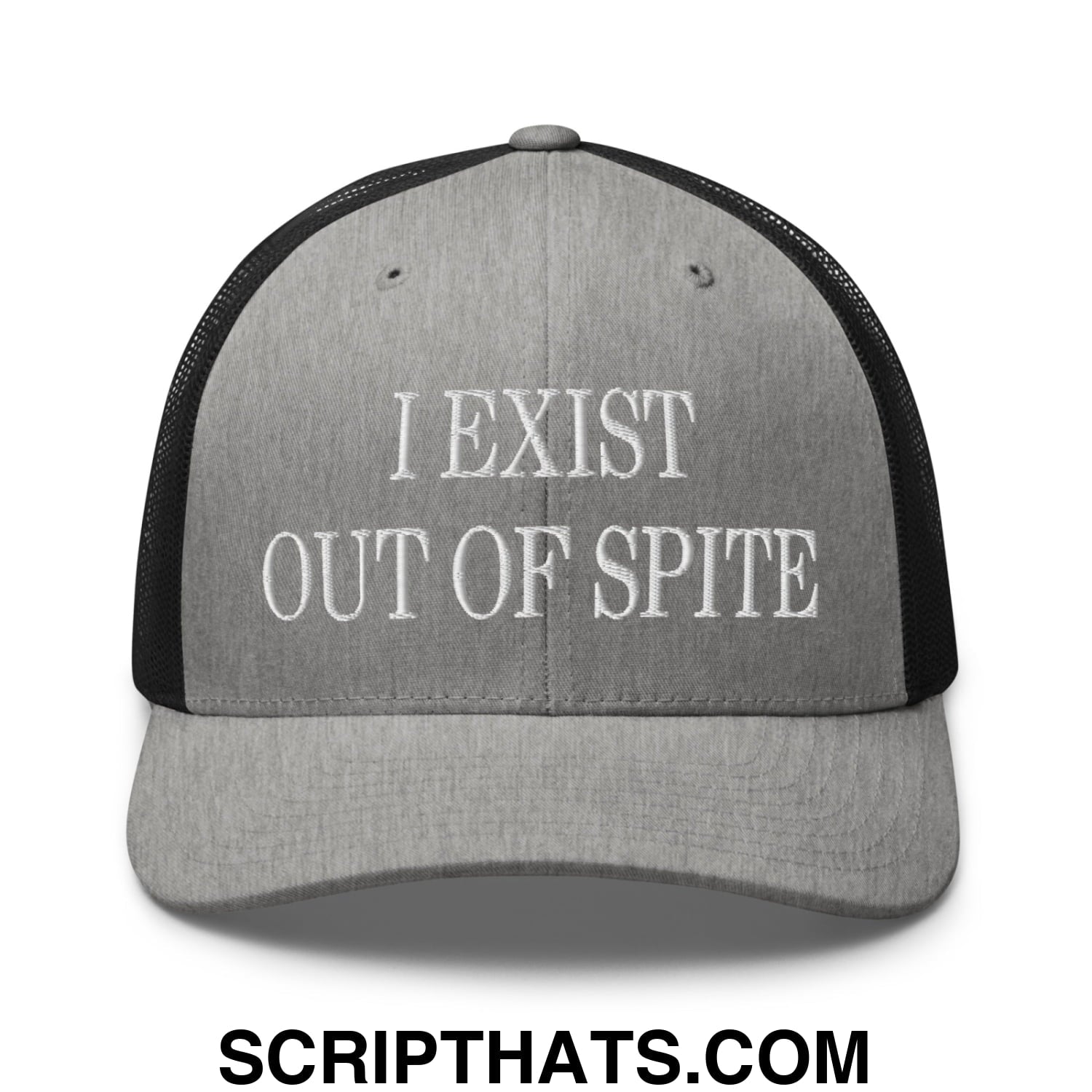 I Exist Out of Spite Embroidered Mesh Trucker Hat Heather Black