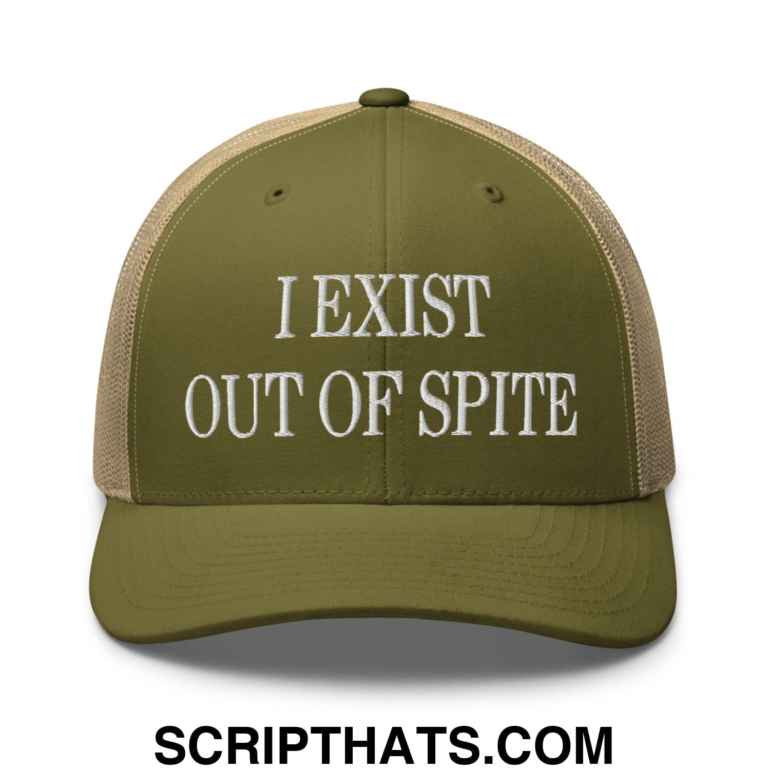I Exist Out of Spite Embroidered Mesh Trucker Hat Moss Khaki
