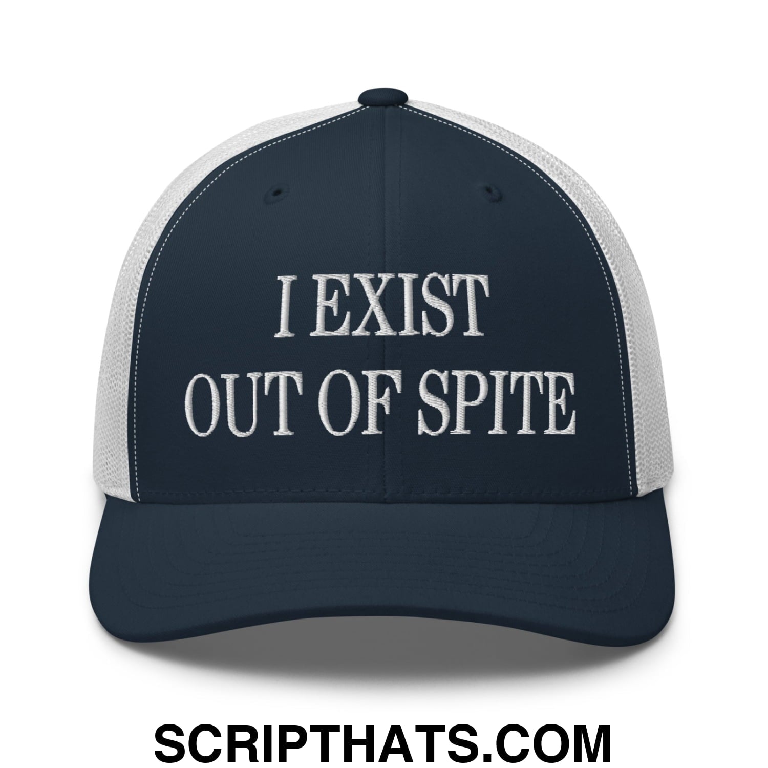 I Exist Out of Spite Embroidered Mesh Trucker Hat Navy White