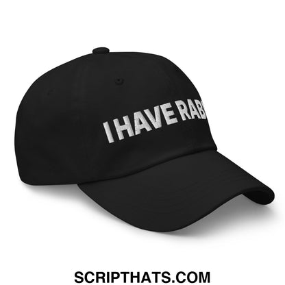 Black cotton dad hat with white embroidered i have rab text featuring a casual adjustable fit design