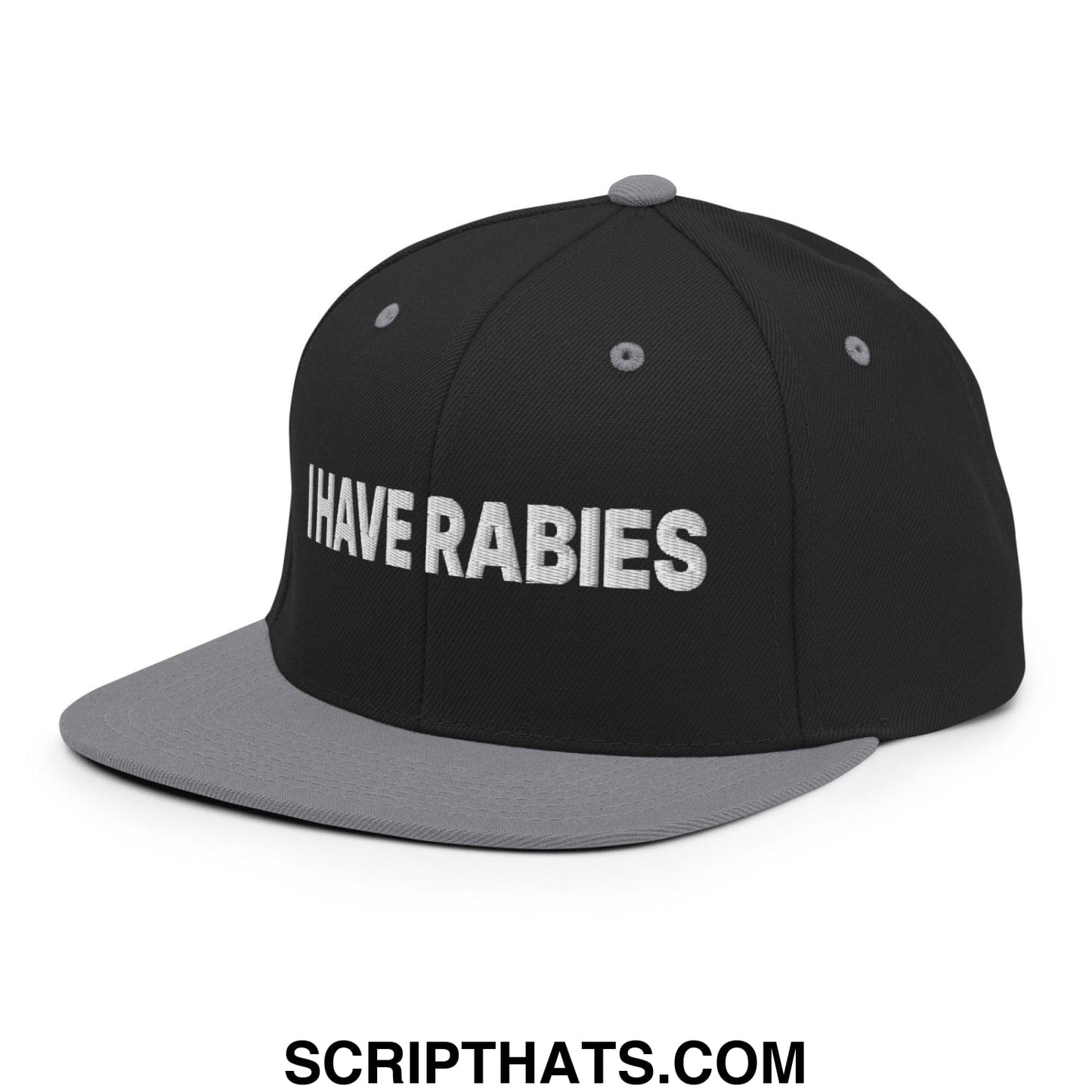 I Have Rabies Embroidered Flat Bill Brim Snapback Hat Black Silver