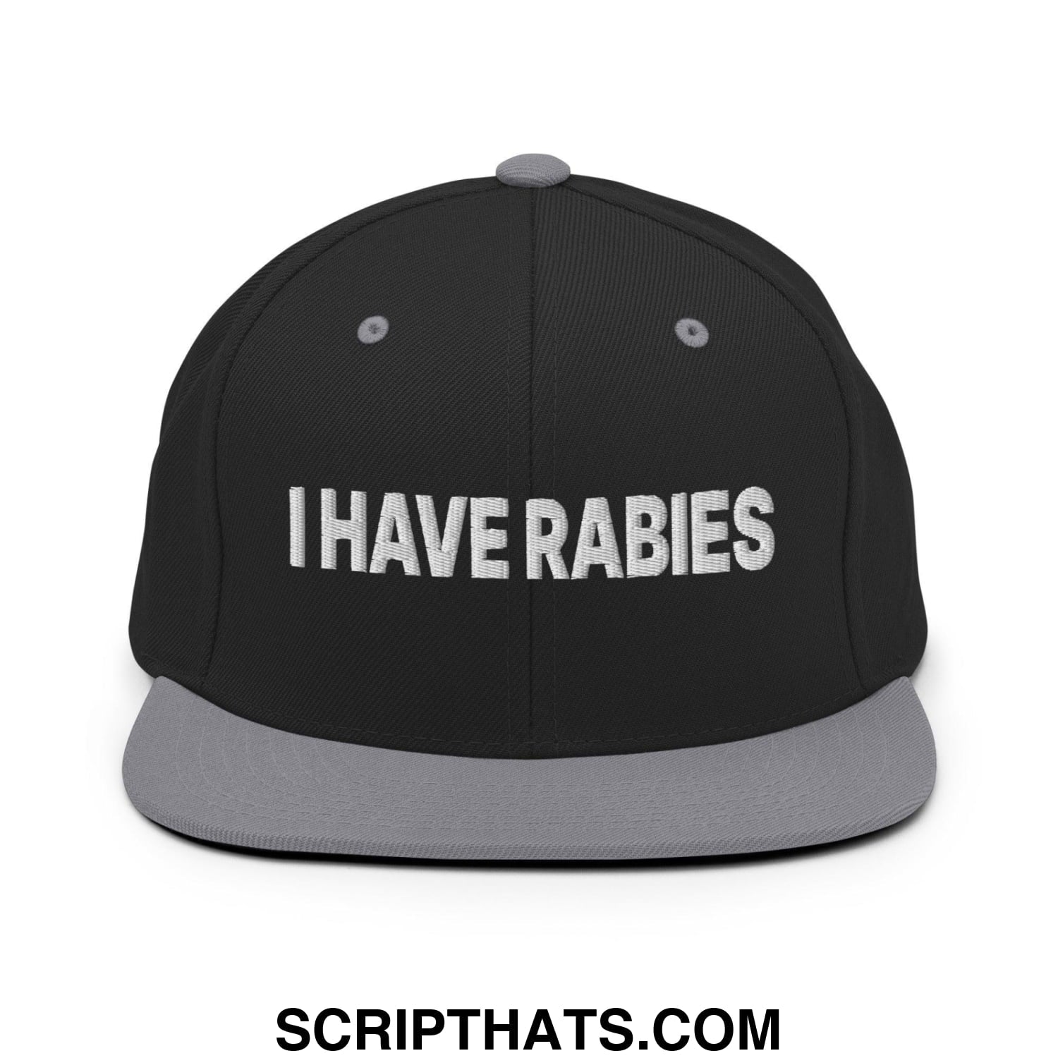 I Have Rabies Embroidered Flat Bill Brim Snapback Hat Black Silver