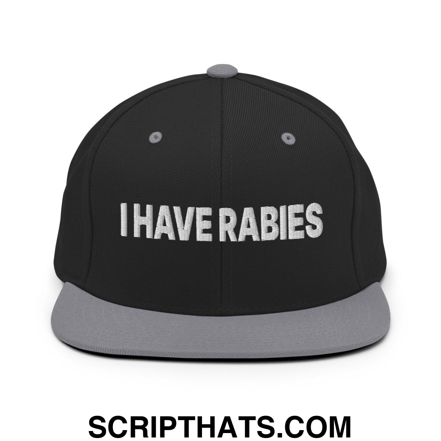 I Have Rabies Embroidered Flat Bill Brim Snapback Hat Black Silver