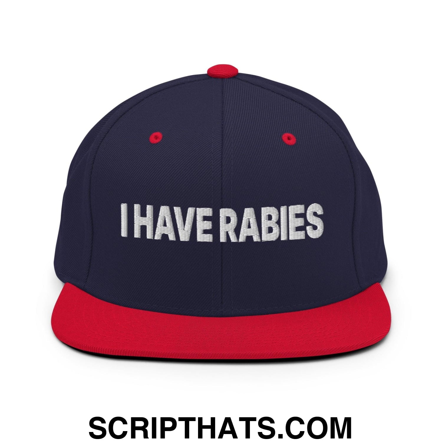 I Have Rabies Embroidered Flat Bill Brim Snapback Hat Navy Red