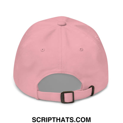 Pink embroidered dad hat with i like my girls a little bit older text and black plastic buckle adjustable strap back view