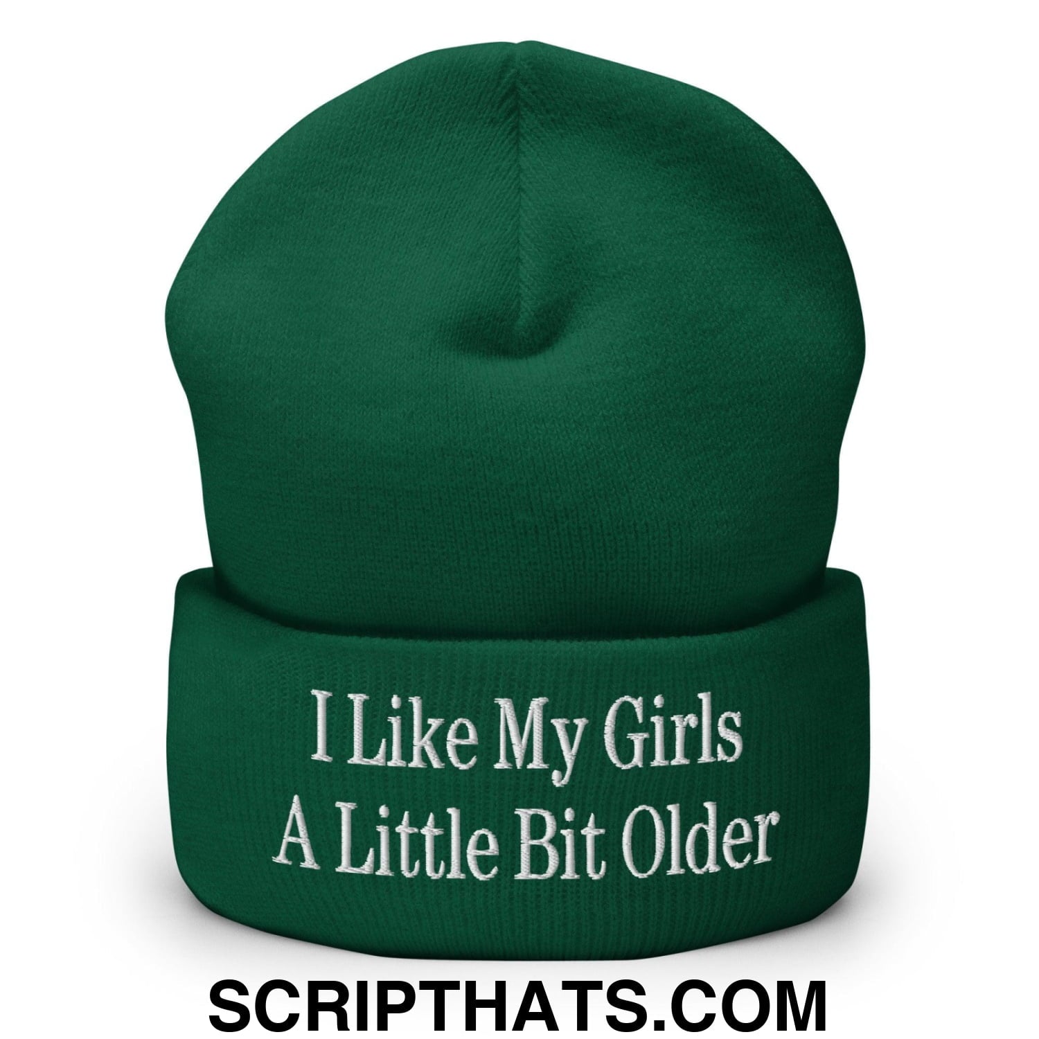 I Like My Girls a Little Bit Older Embroidered Knit Cuffed Beanie Spruce