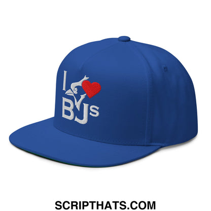Blue snapback cap with white embroidered i love bjs logo featuring a red heart and stylized fish design