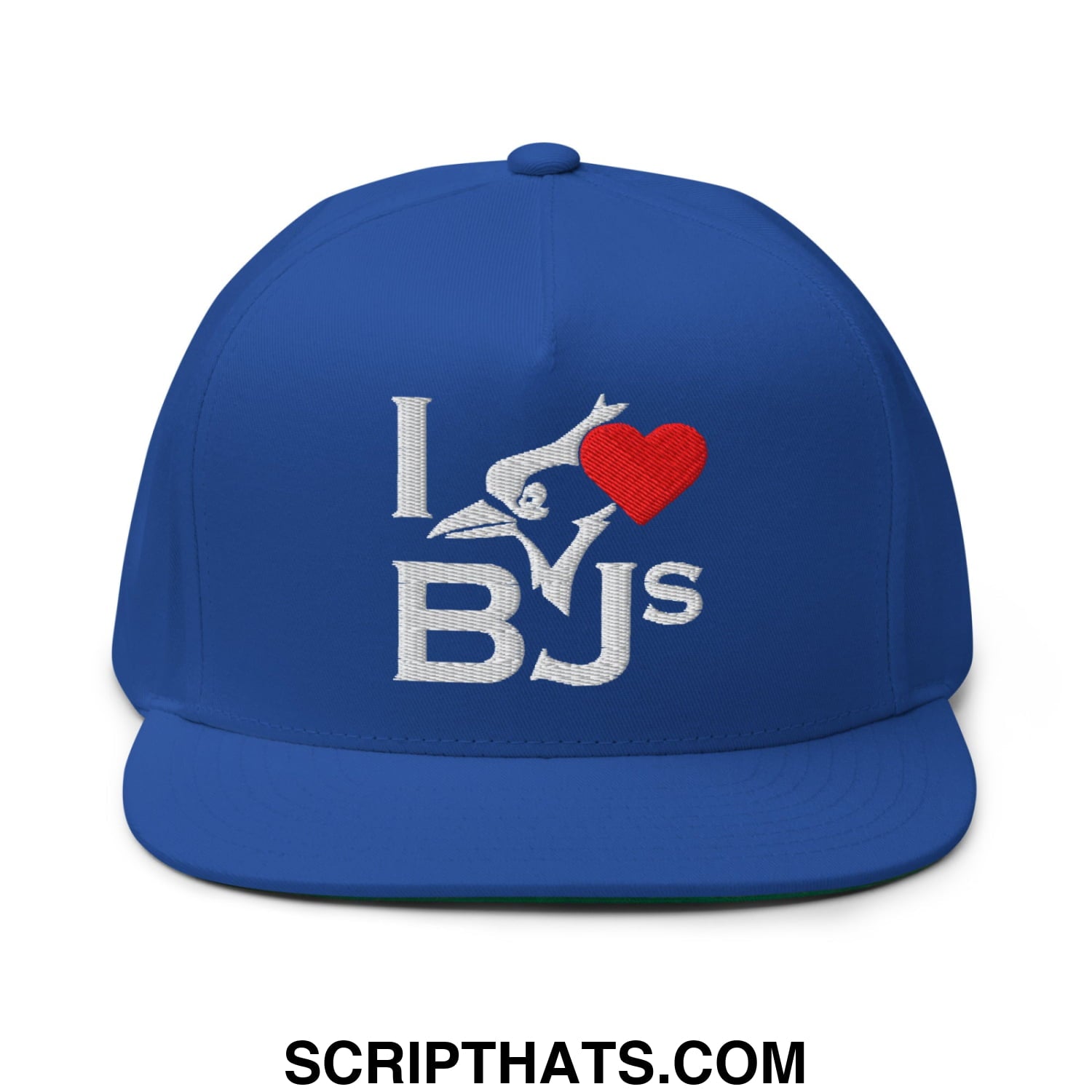 Royal blue snapback cap with white embroidered i heart bjs text and stylized bird design flat bill brim