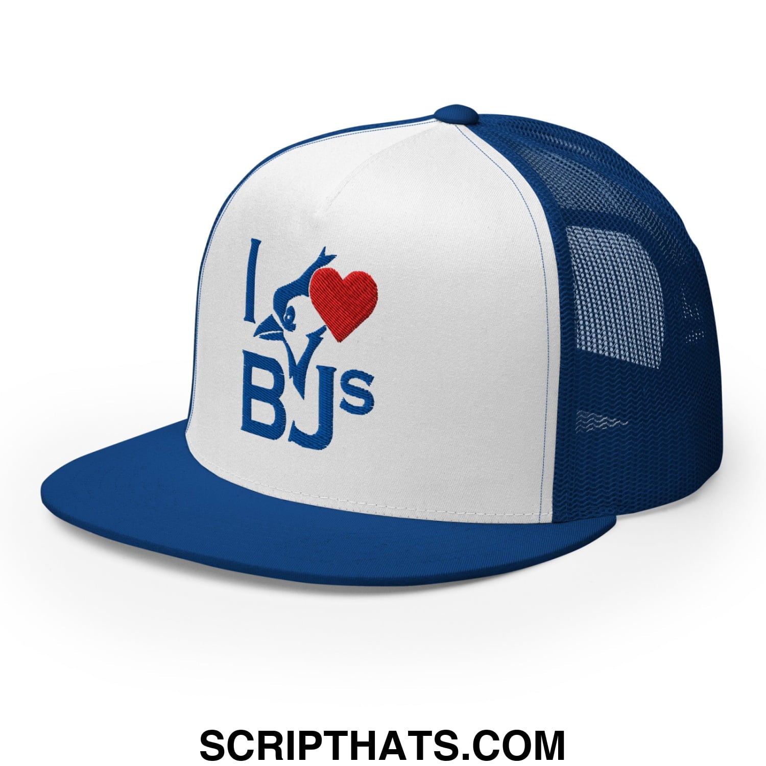 Blue and white mesh trucker hat with flat bill and embroidered i heart bjs logo featuring red heart and blue fish design