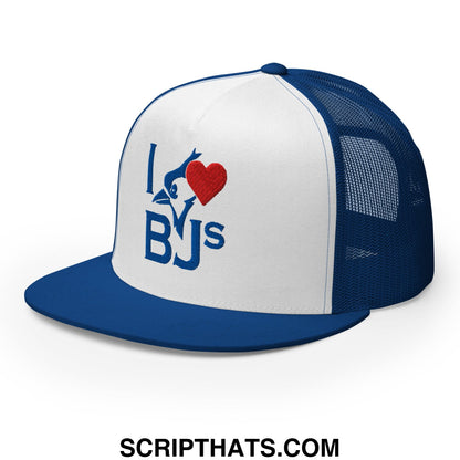 Blue and white mesh trucker hat with flat bill and embroidered i heart bjs logo featuring red heart and blue fish design