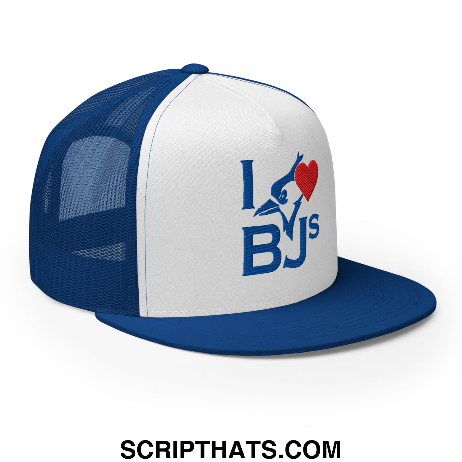 Blue and white mesh trucker hat with red heart and blue i love bjs embroidered flat bill brim design