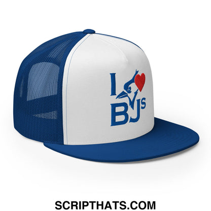 Blue and white mesh trucker hat with red heart and blue i love bjs embroidered flat bill brim design