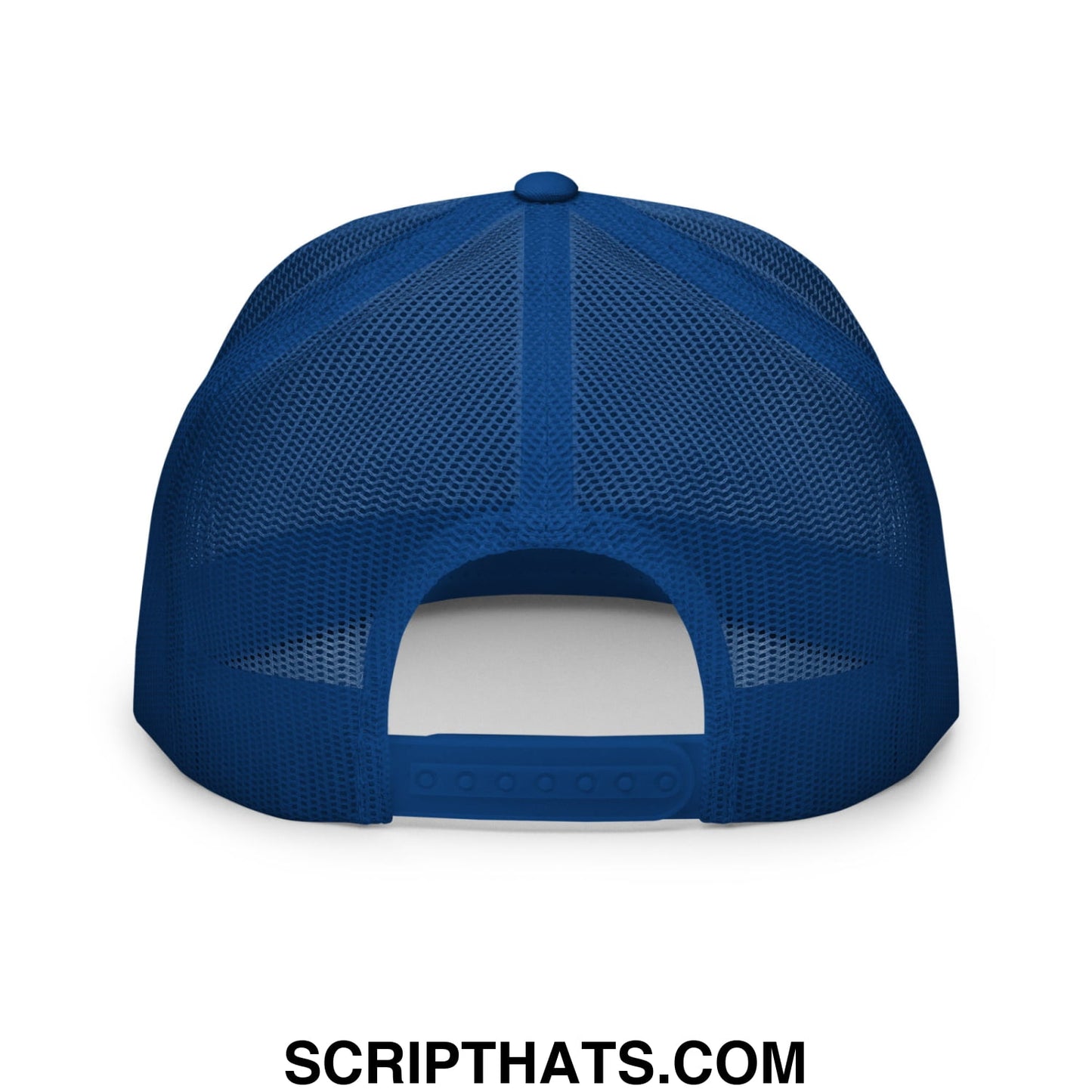 Blue i love bjs embroidered flat bill brim mesh trucker hat with solid back panel and adjustable strap shown from back