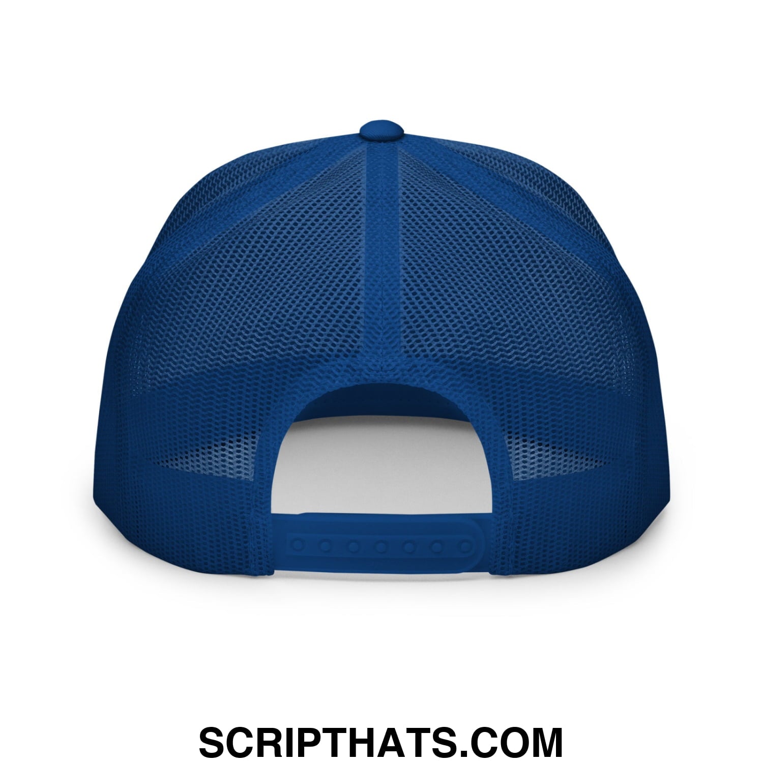 Blue i love bjs embroidered flat bill brim mesh trucker hat with solid back panel and adjustable strap shown from back