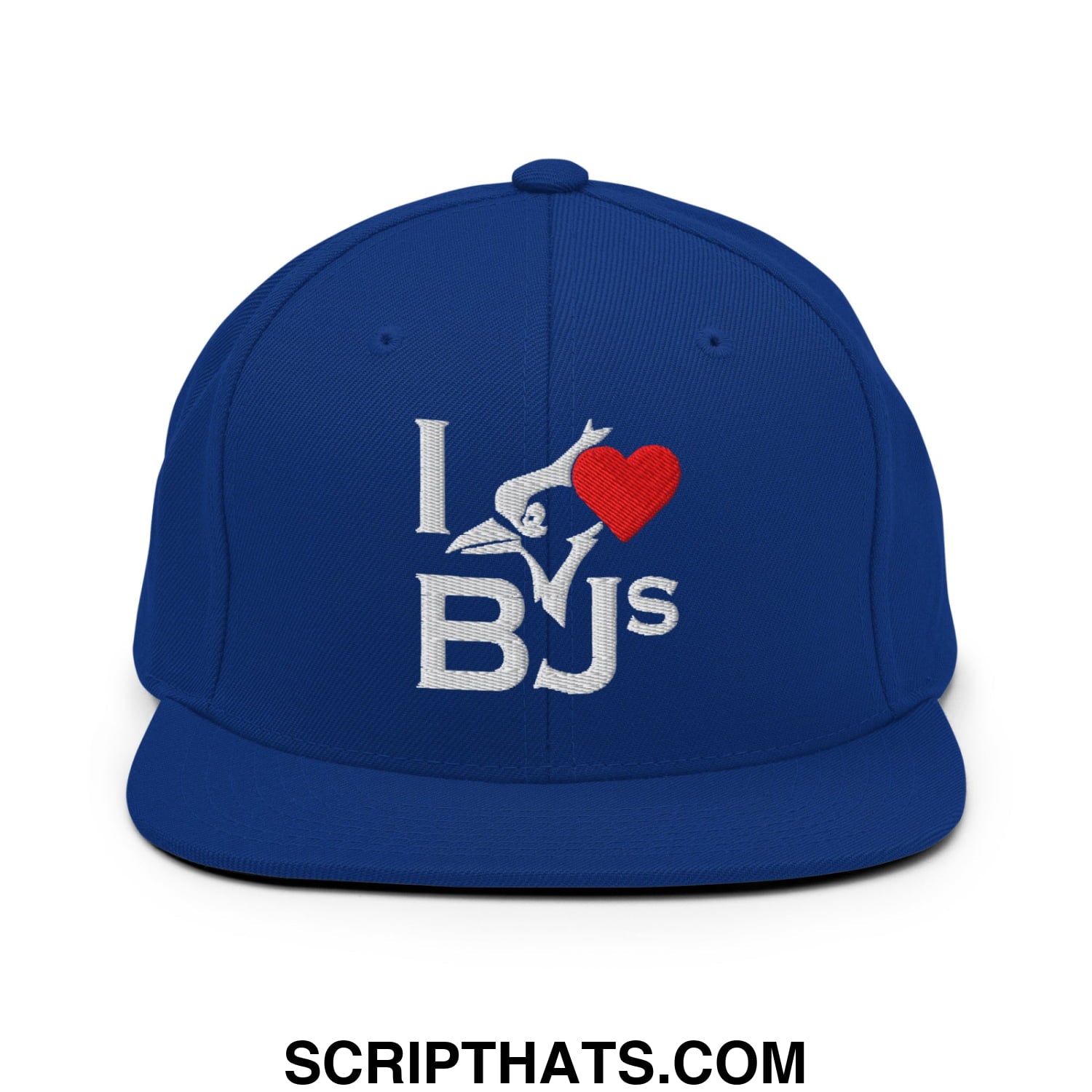 Royal blue snapback hat with white embroidered i heart BJs logo featuring a red heart and stylized fish design