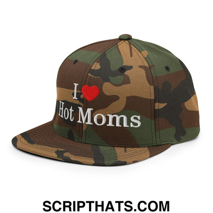 I Love Hot Moms Embroidered Flat Bill Brim Snapback Hat Green Camo
