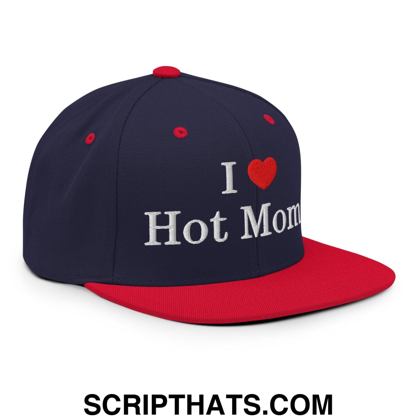 I Love Hot Moms Embroidered Flat Bill Brim Snapback Hat Navy Red
