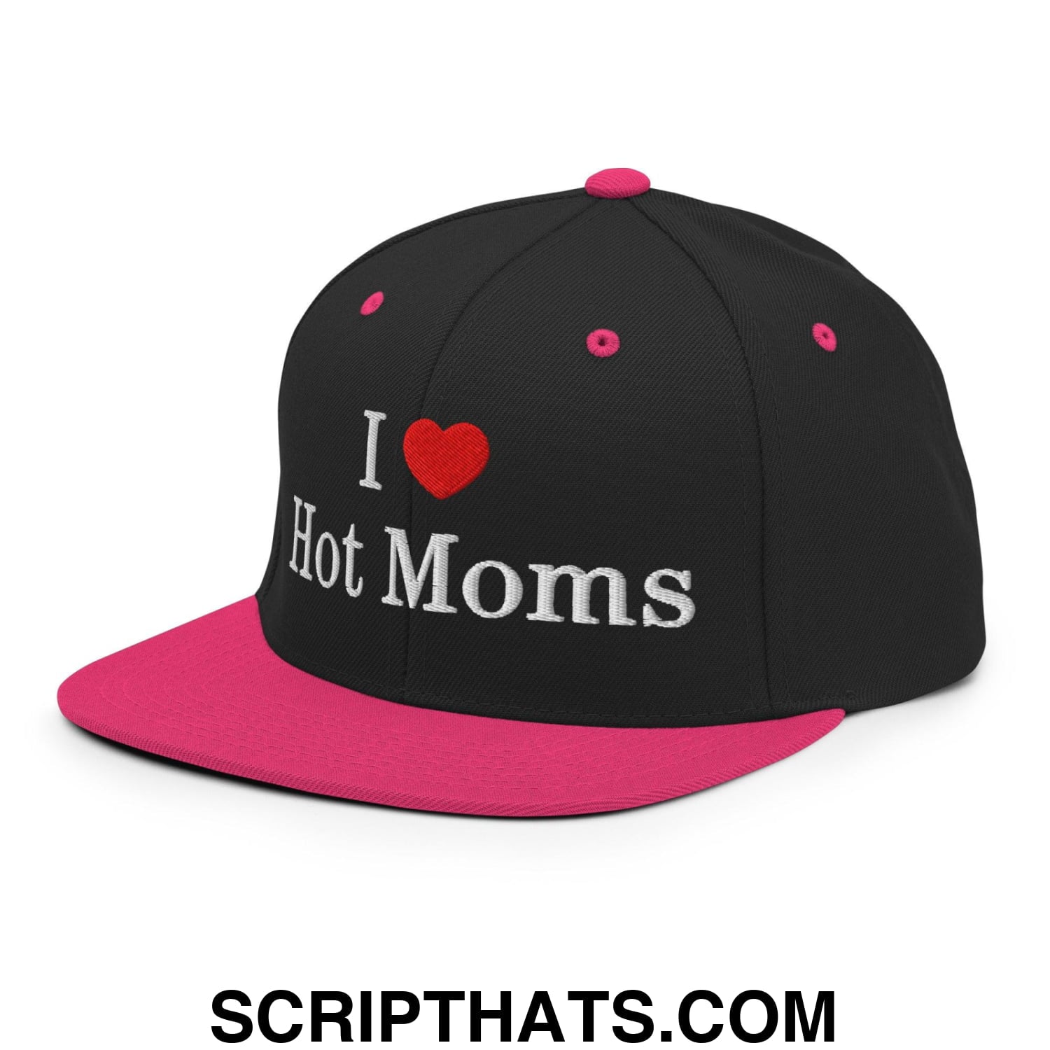 I Love Hot Moms Embroidered Flat Bill Brim Snapback Hat Black Neon Pink