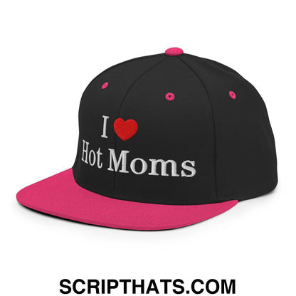 I Love Hot Moms Embroidered Flat Bill Brim Snapback Hat Black Neon Pink