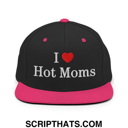 I Love Hot Moms Embroidered Flat Bill Brim Snapback Hat Black Neon Pink