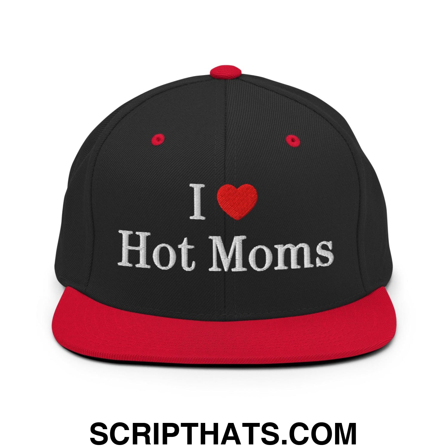 I Love Hot Moms Embroidered Flat Bill Brim Snapback Hat Black Red
