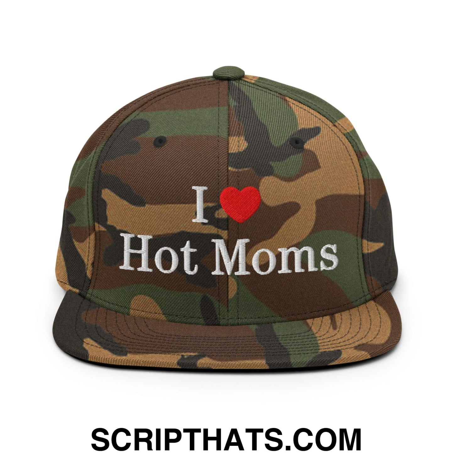 I Love Hot Moms Embroidered Flat Bill Brim Snapback Hat Green Camo