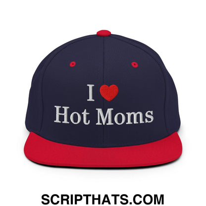 I Love Hot Moms Embroidered Flat Bill Brim Snapback Hat Navy Red
