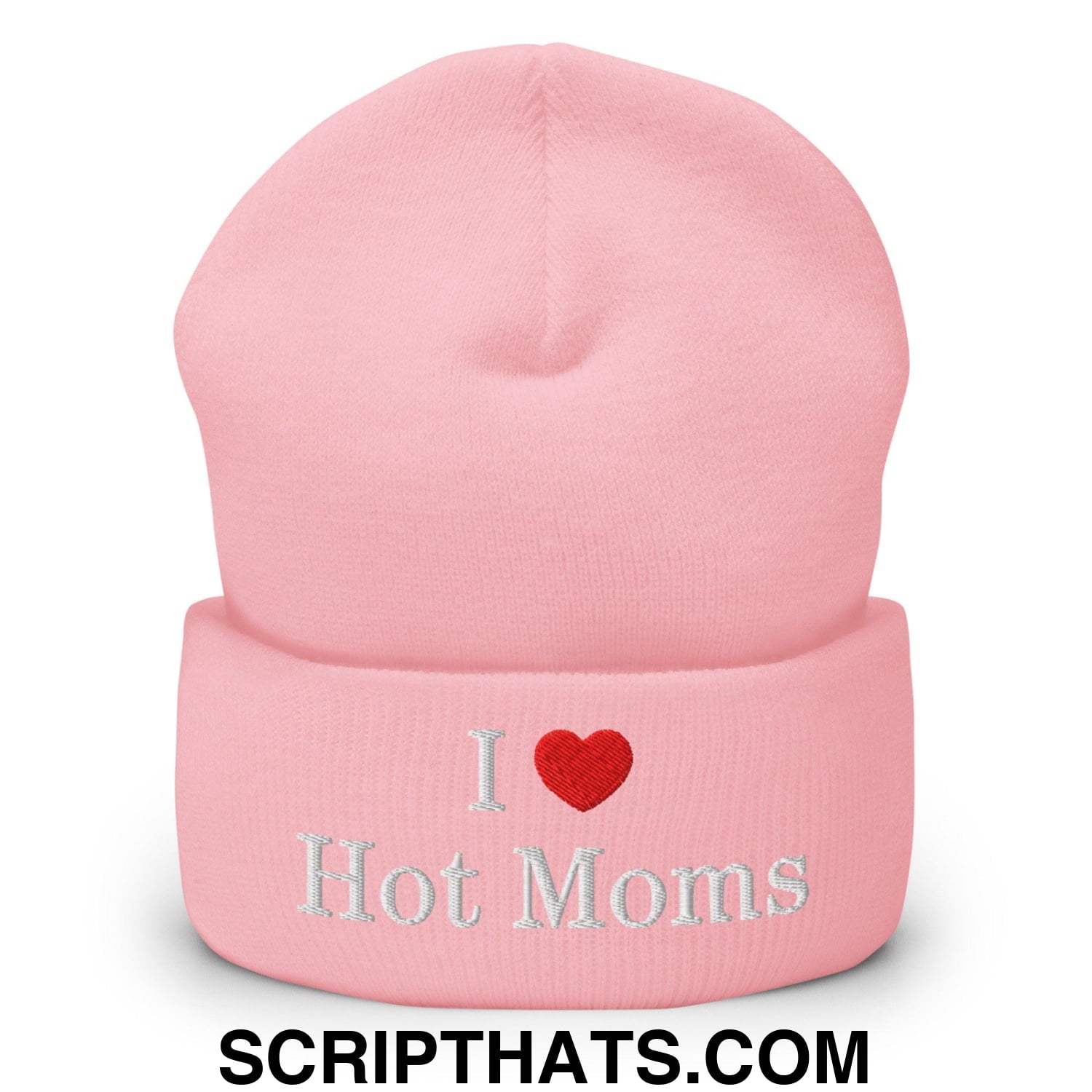I Love Hot Moms Embroidered Knit Cuffed Beanie Baby Pink