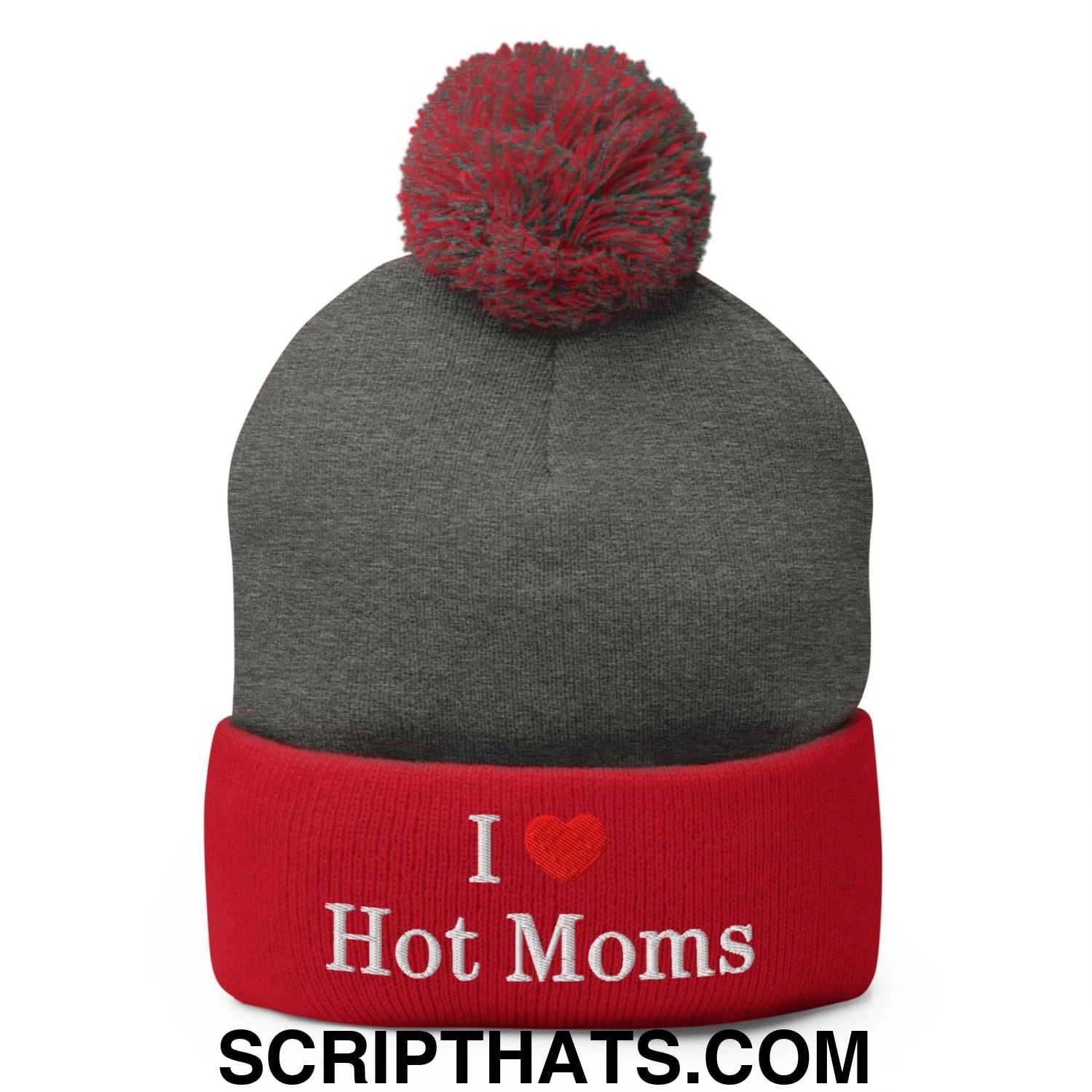 I Love Hot Moms Embroidered Knit Pom Pom Beanie Dark Heather Grey Red