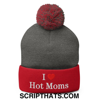 I Love Hot Moms Embroidered Knit Pom Pom Beanie Dark Heather Grey Red