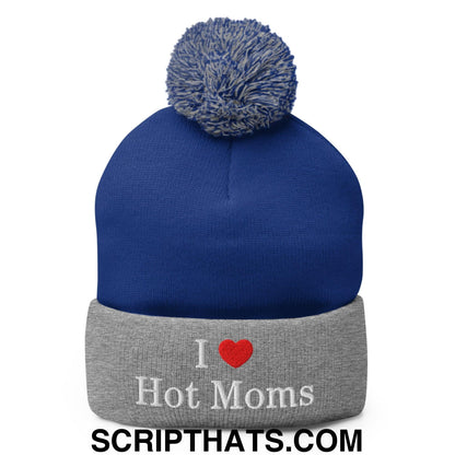 I Love Hot Moms Embroidered Knit Pom Pom Beanie Royal Heather Grey