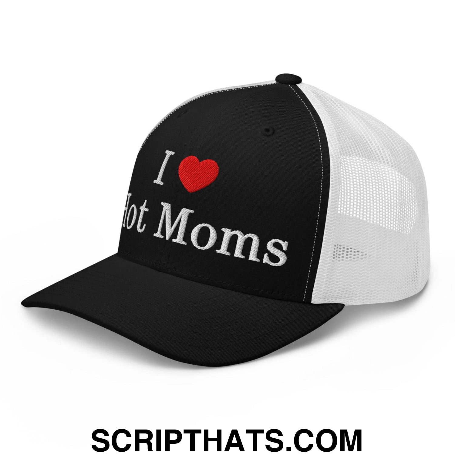 I Love Hot Moms Embroidered Mesh Trucker Hat Black White