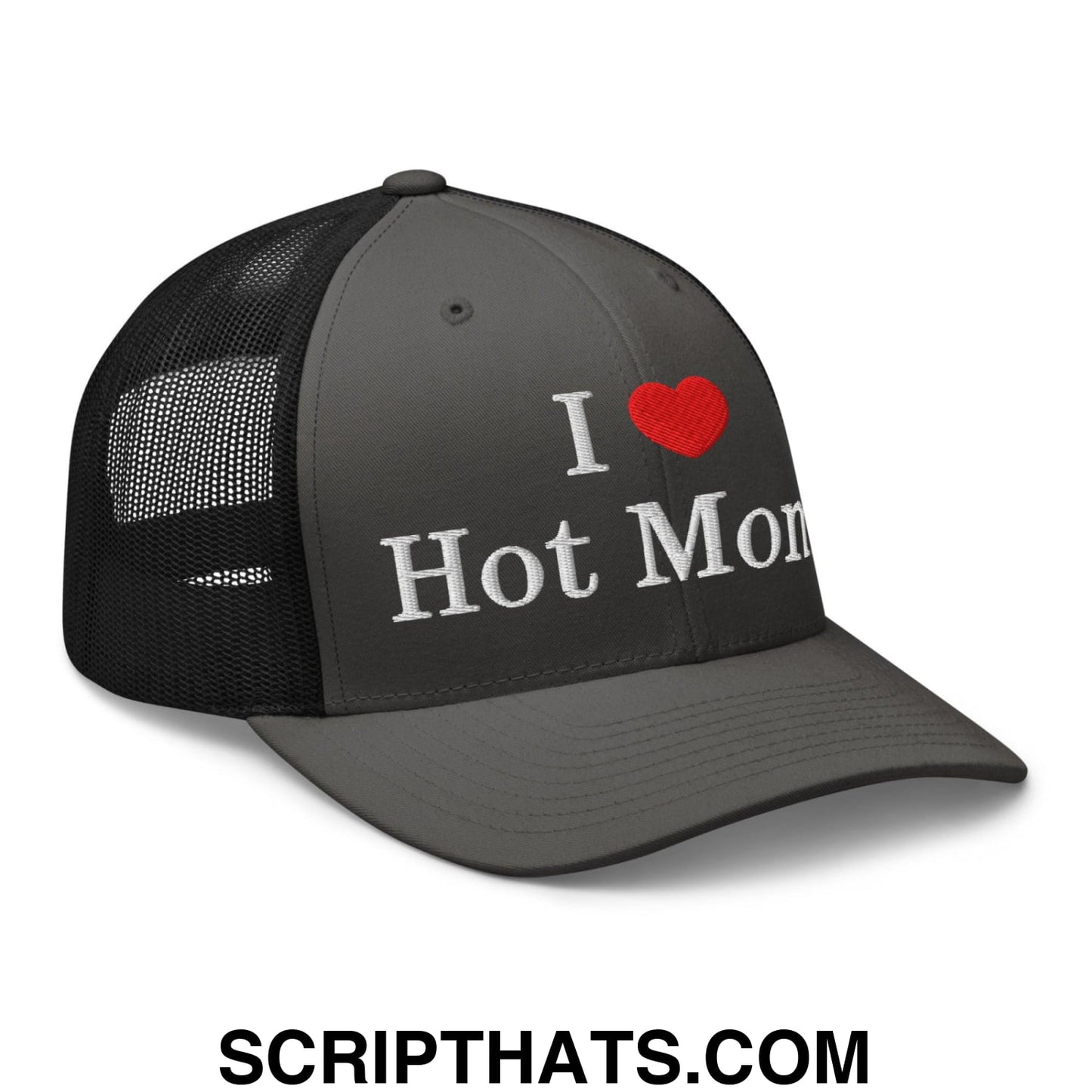 I Love Hot Moms Embroidered Mesh Trucker Hat Charcoal Black