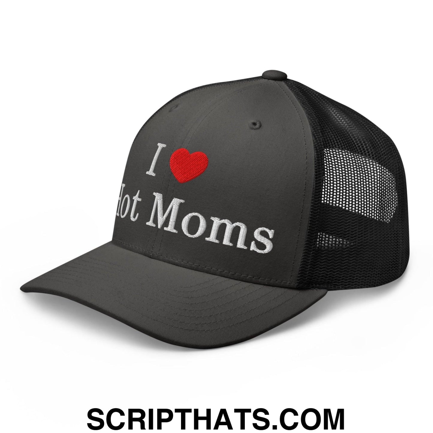 I Love Hot Moms Embroidered Mesh Trucker Hat Charcoal Black
