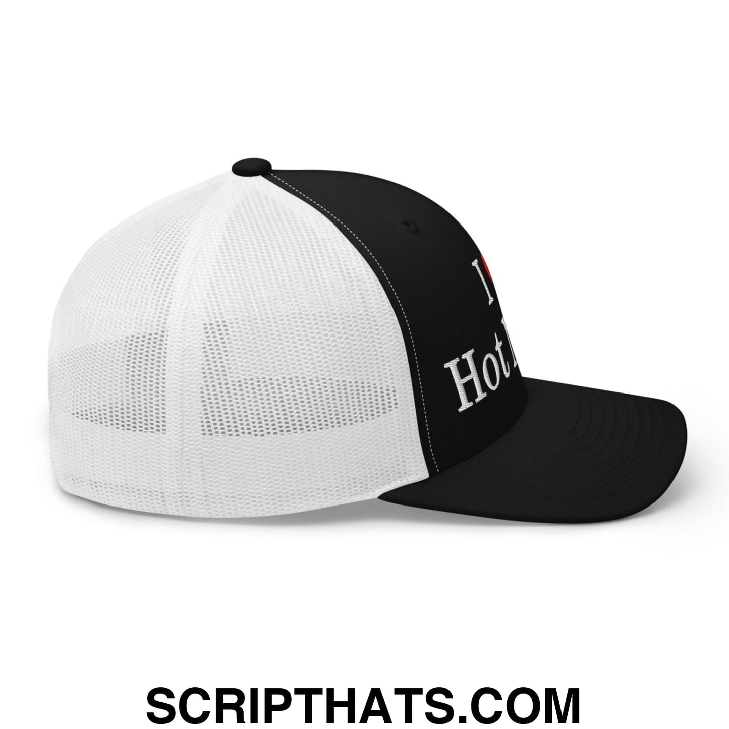 I Love Hot Moms Embroidered Mesh Trucker Hat Black White