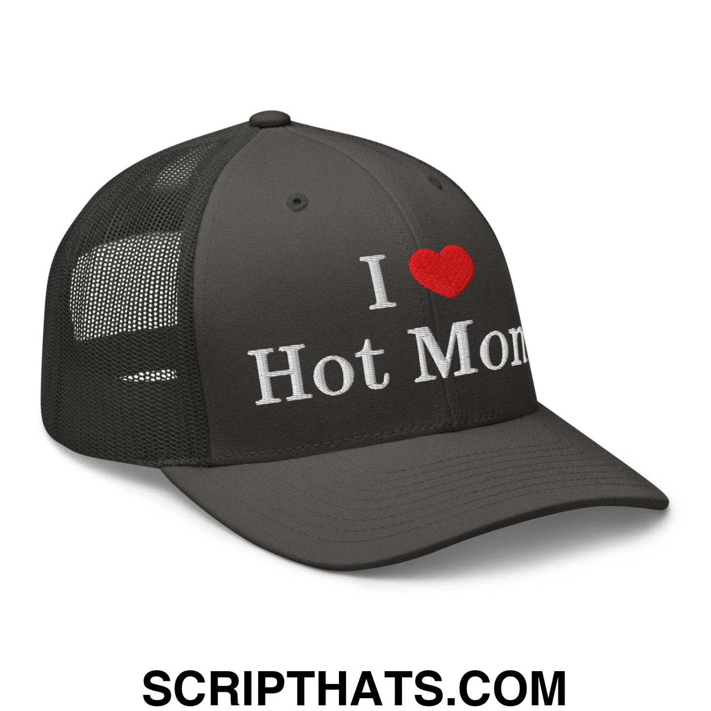 I Love Hot Moms Embroidered Mesh Trucker Hat Charcoal