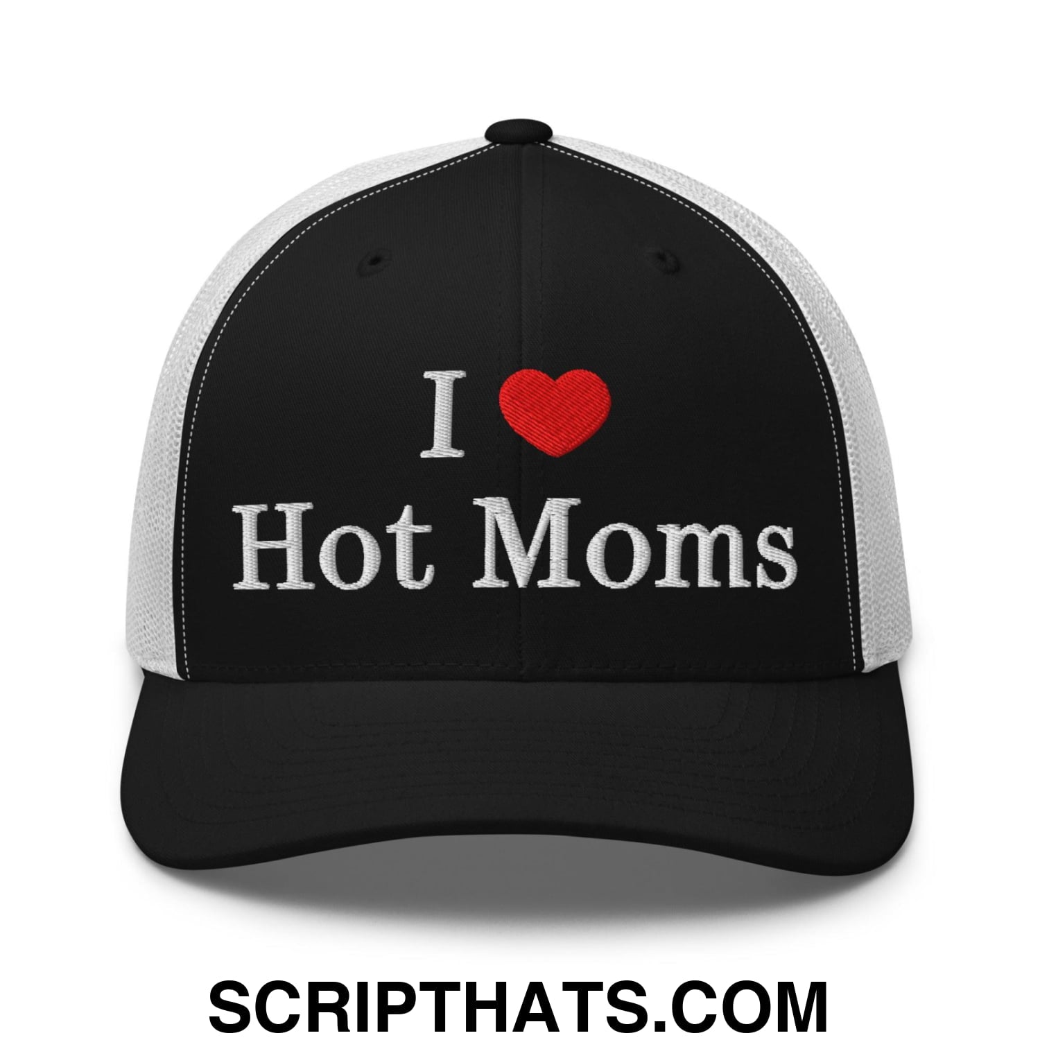 I Love Hot Moms Embroidered Mesh Trucker Hat Black White