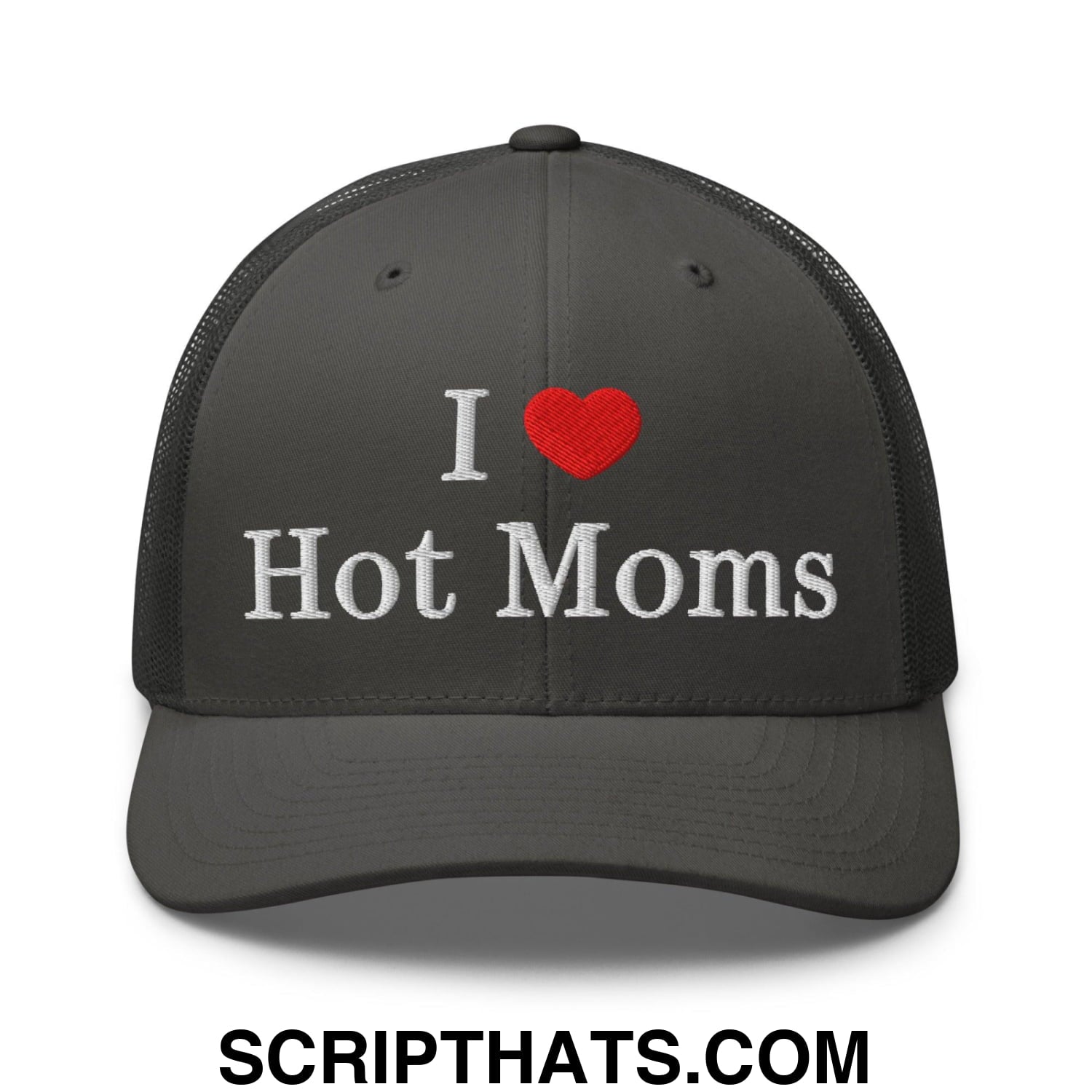 I Love Hot Moms Embroidered Mesh Trucker Hat Charcoal