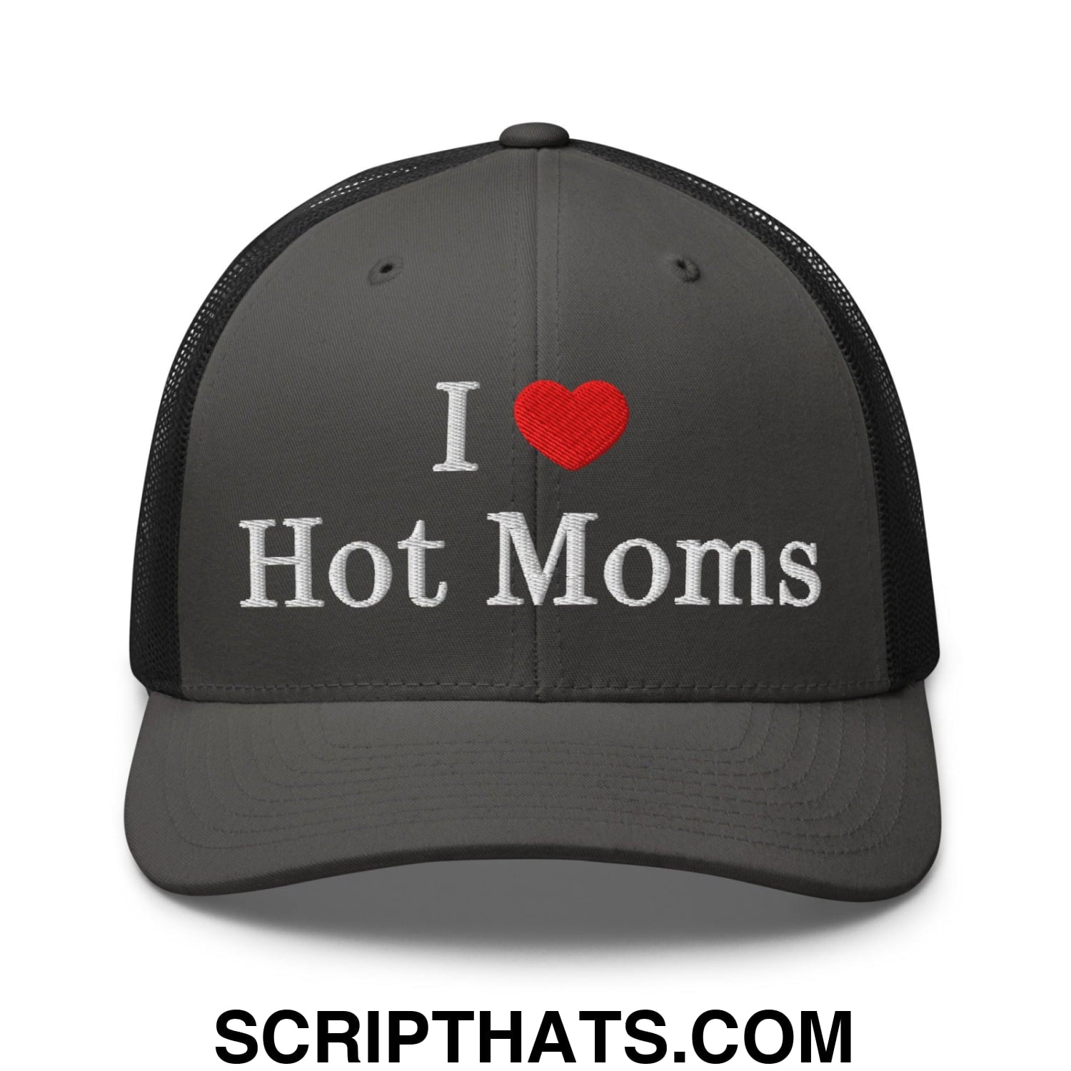 I Love Hot Moms Embroidered Mesh Trucker Hat Charcoal Black