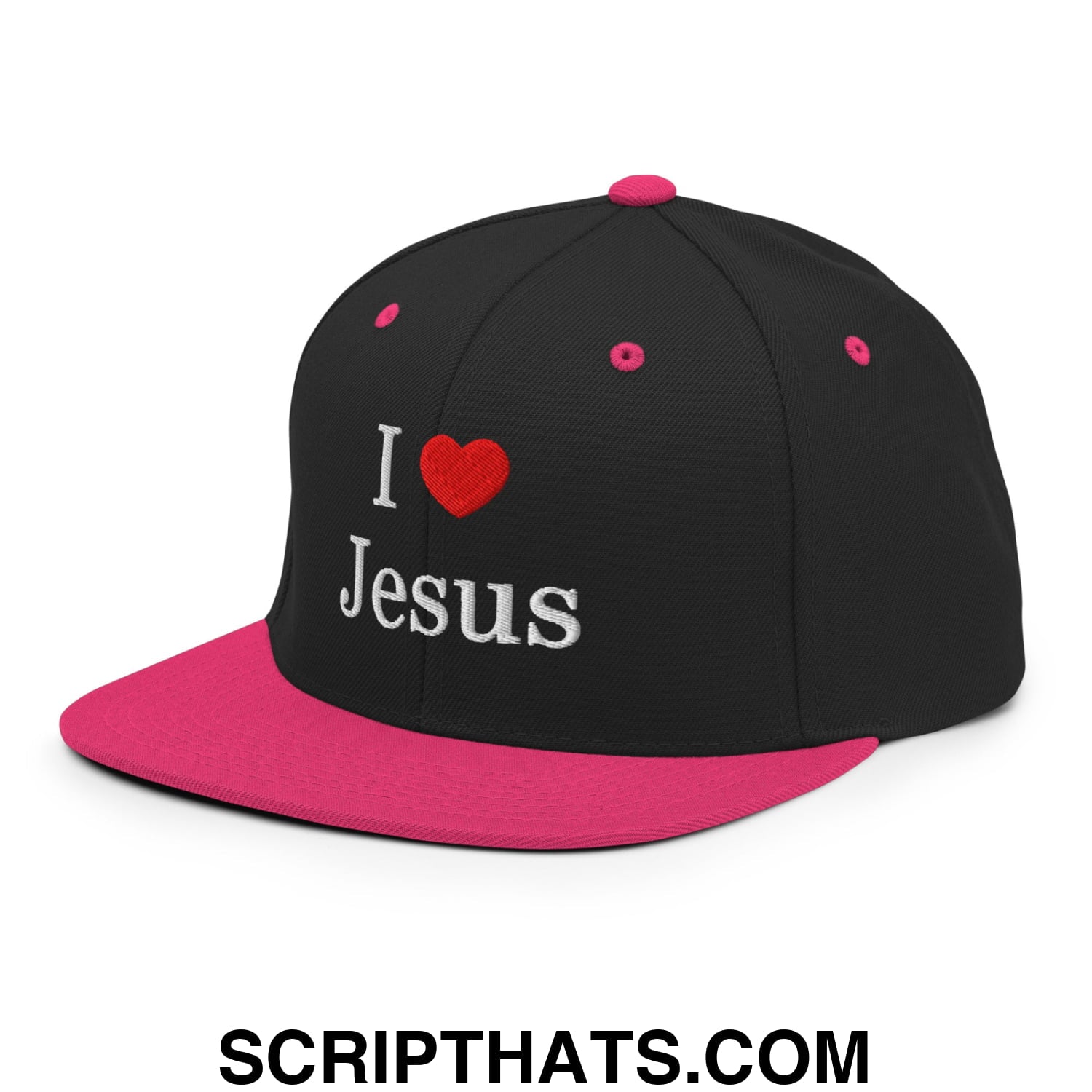 I Love Jesus Embroidered Flat Bill Brim Snapback Hat Black Neon Pink