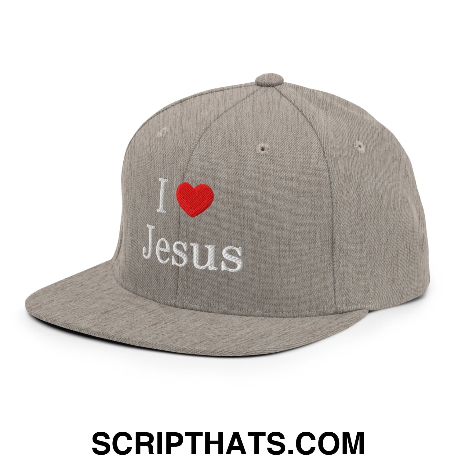I Love Jesus Embroidered Flat Bill Brim Snapback Hat Heather Grey