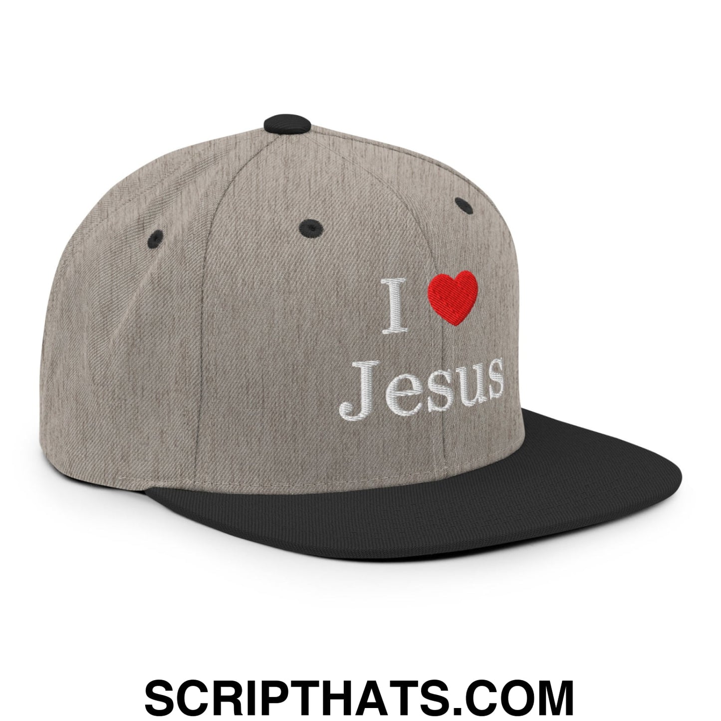 I Love Jesus Embroidered Flat Bill Brim Snapback Hat Heather Black