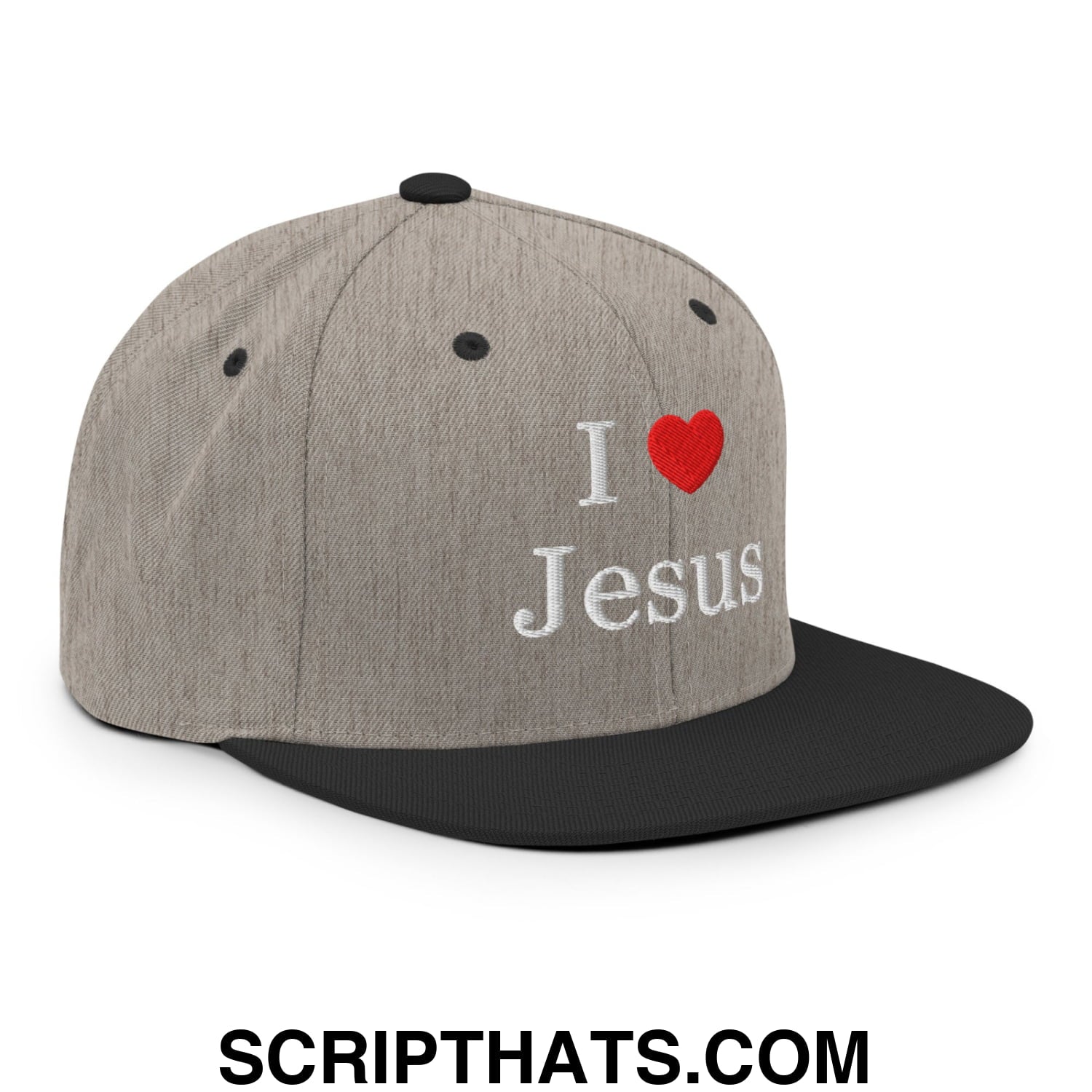 I Love Jesus Embroidered Flat Bill Brim Snapback Hat Heather Black