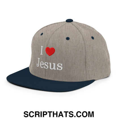 I Love Jesus Embroidered Flat Bill Brim Snapback Hat Heather Grey Navy